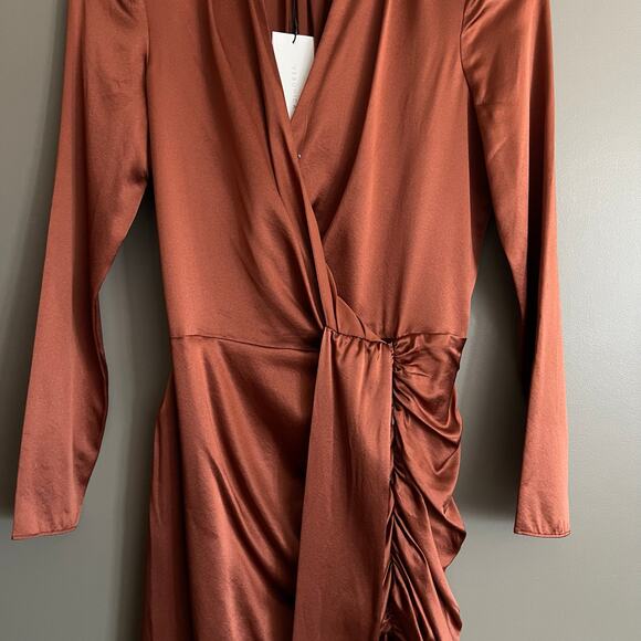 NWT Veronica Beard Agatha Wrap Dress in Cognac Size 2 Brown Silky Satin Ruched - Picture 7 of 16